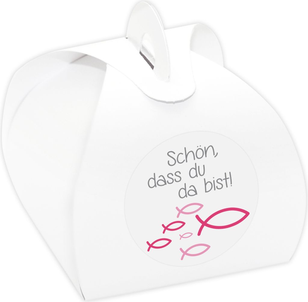 24 x Kartonagen + Aufkleber 'Fische' Gastgeschenke Set für Taufe, Kommunion, Konfirmation (Schön, dass du da bist! - pink)