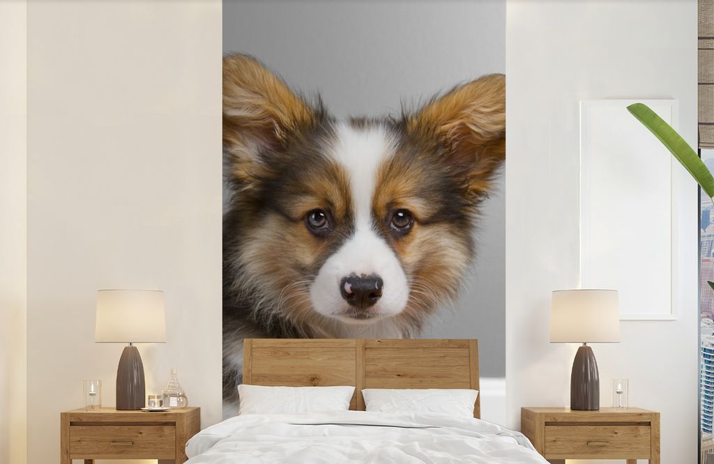 MuchoWow Fototapete für Wohnzimmer oder Schlafzimmer Wandtapete Vinyl Motivtapete Ein Porträt eines gefleckten Welpen - 120x240 cm - Hintergrun...