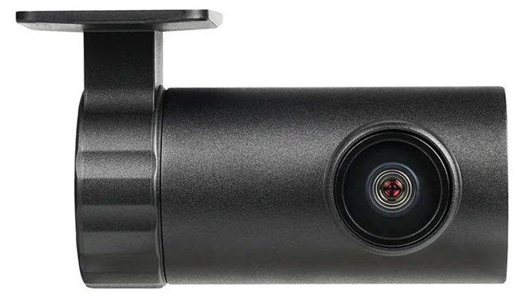 A side view of a black dashcam with a lens on the right side and a mounting bracket on the top.