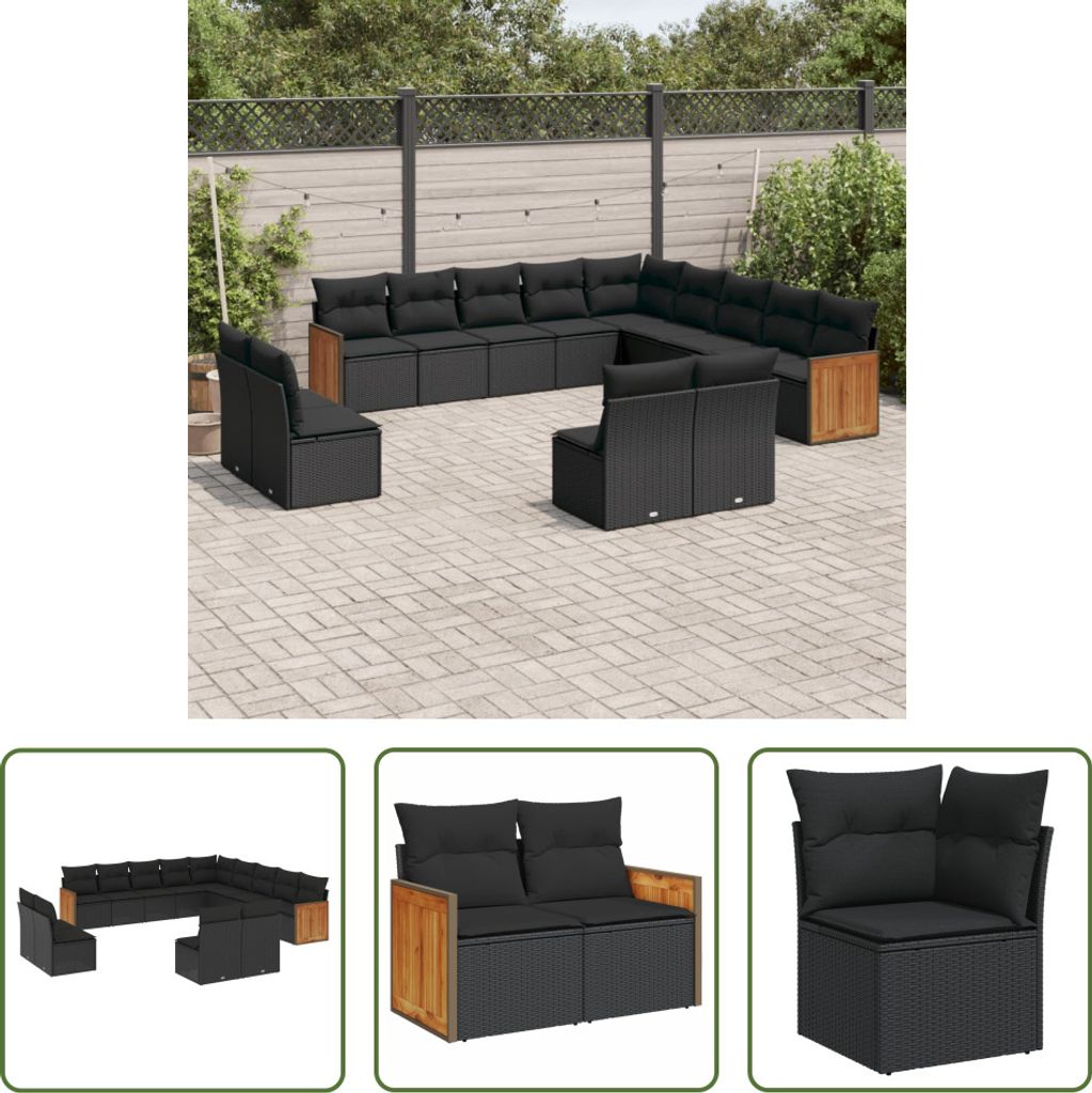 The Living Store 13-tlg. Garten-Sofagarnitur mit Kissen Schwarz Poly Rattan