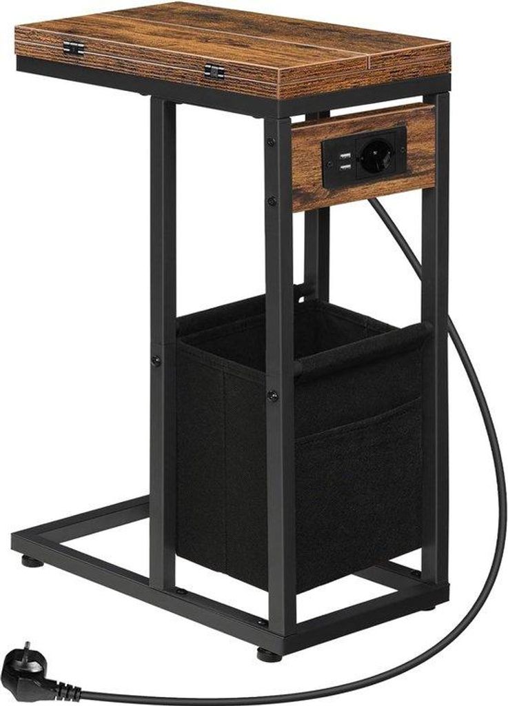 Vintage C-vormige Wohnzimmertisch mit 2 USB-Steckdosen und Einfach zu falten, braun schwarz, EBF30CSF01