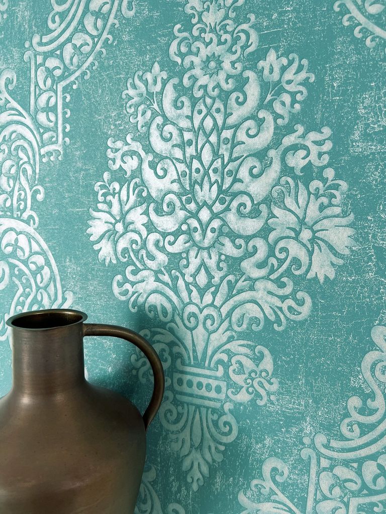 NEWROOM Tapete Blau Vliestapete Ornament - Barocktapete Barock Petrol Metallic Prunk Glamour