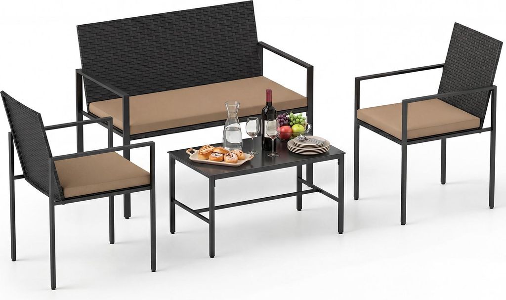 COSTWAY Polyrattan Gartenmöbel Set, Outdoor Lounge Möbel, Sitzgruppe mit 2 Sessel, Bank, Tisch & Sitzkissen, Terrassenmöbel, Gartengarnitur Khaki