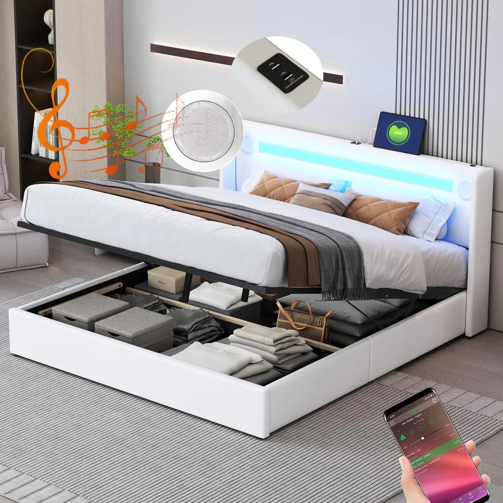Lit coffre 160x200cm blanc en simili cuir avec sommier à lattes inclus