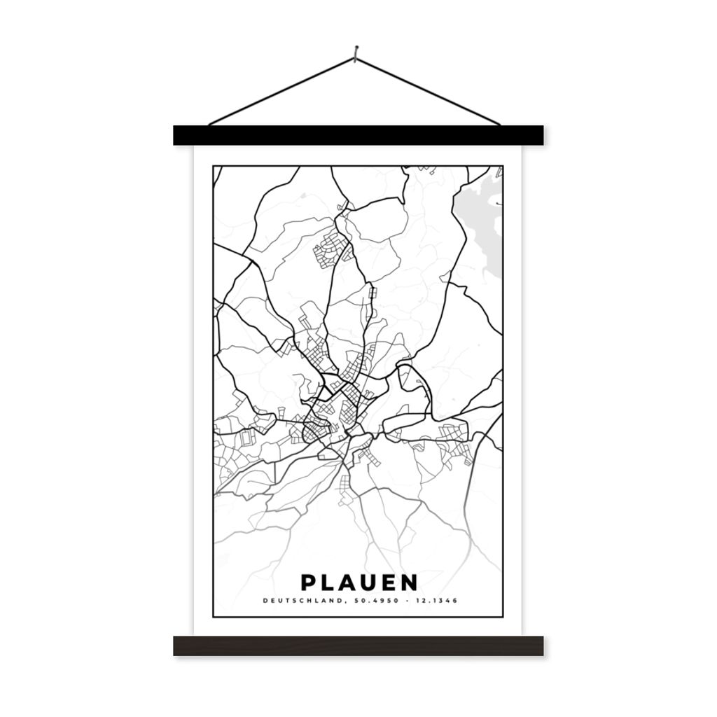 MuchoWow Textilposter Plauen - Karte - Stadtplan 40x60 cm mit schwarzem Rahmen - Wanddekorationen