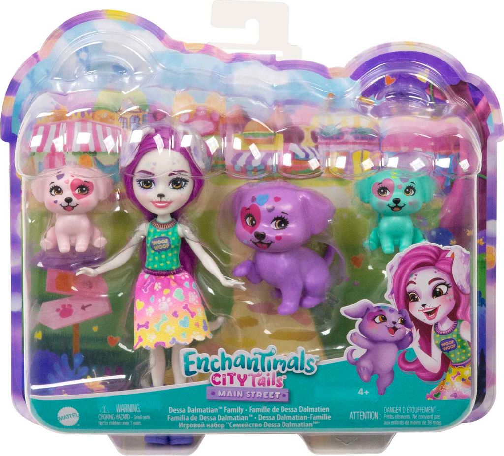 Enchantimals City Tails Dessa Dalmatian, Puppe mit 3 Tier-Figuren