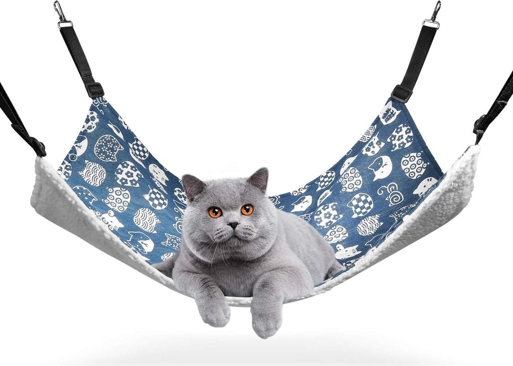 Katzenhängematte mit verstellbaren Gurten und Metallhaken, doppelseitiges stabiles Hängebett für Katzen, Haustiere und andere Kleintiere