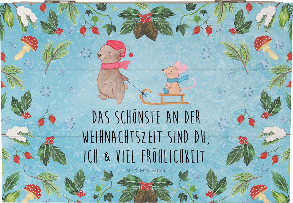Mr. & Mrs. Panda Holzbox Bär und Maus Schlitten 22 x 15 cm - Eisblau - Geschenk, Erinnerungsbox, Holztruhe, Box, Holzkiste mit Deckel, geschenkkis...
