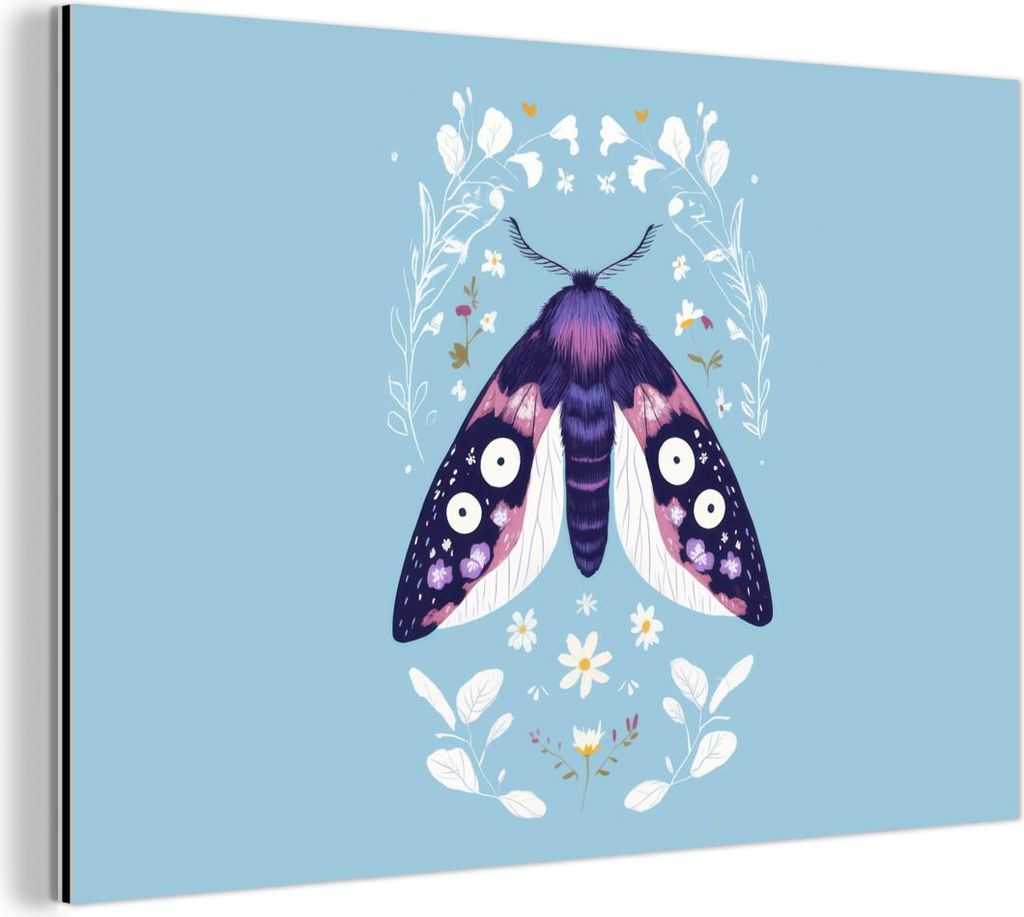 MuchoWow Wanddekoration Metall Metallbild Wandkunst 60x40 cm Blätter - Weiß - Schmetterling - Insekt MuchoWow Aluminium Gemälde - Gemälder