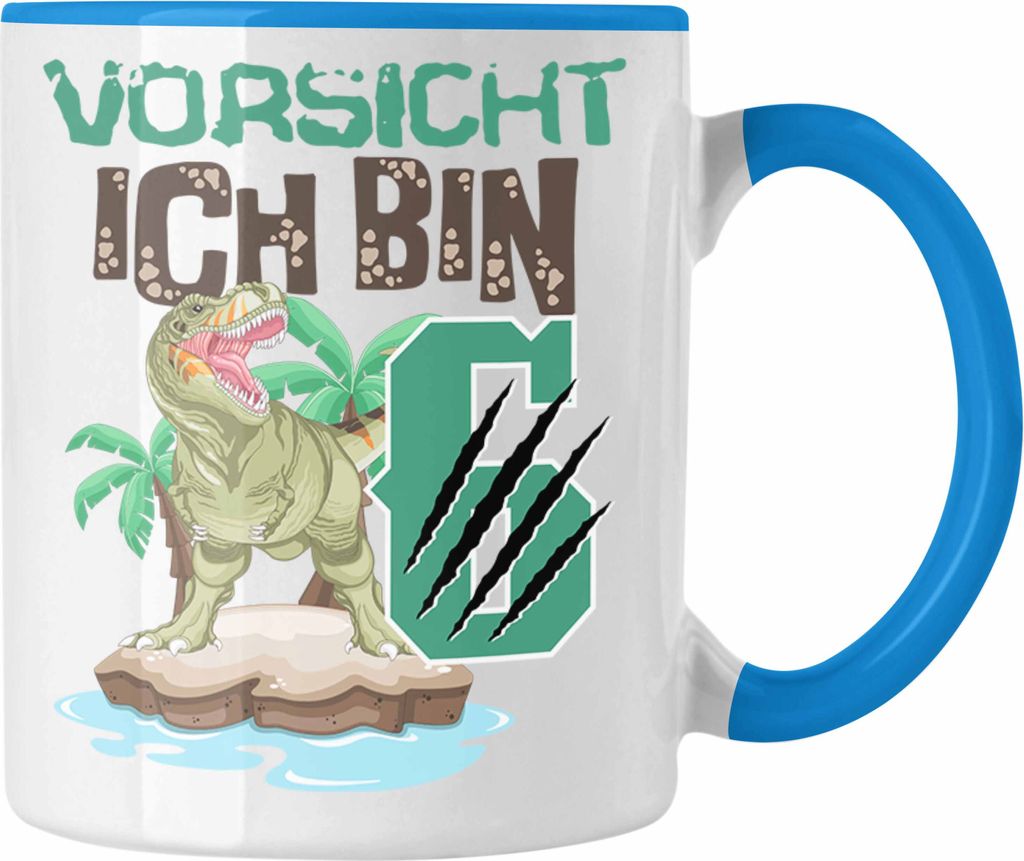 Trendation - Vorsicht Ich Bin 6 Geschenk 6er Geburtstag Geschenkidee Jungs Dinosaurier Tasse Becher T-rex (Blau)