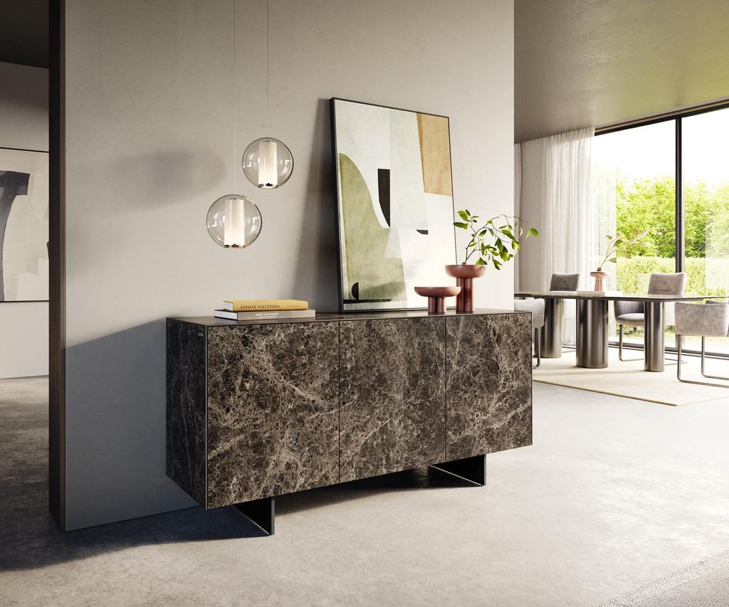 DELIFE Sideboard Cuor 150 cm Keramik Emperador Extra Lucidato Dunkelbraun 3 Türen Fuß Schwebeoptik Metall Schwarz