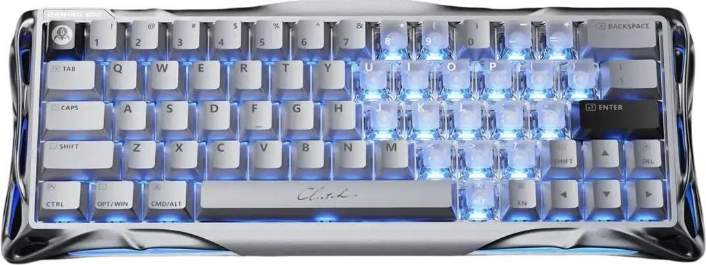 A top-down view of a gaming keyboard with blue backlighting.