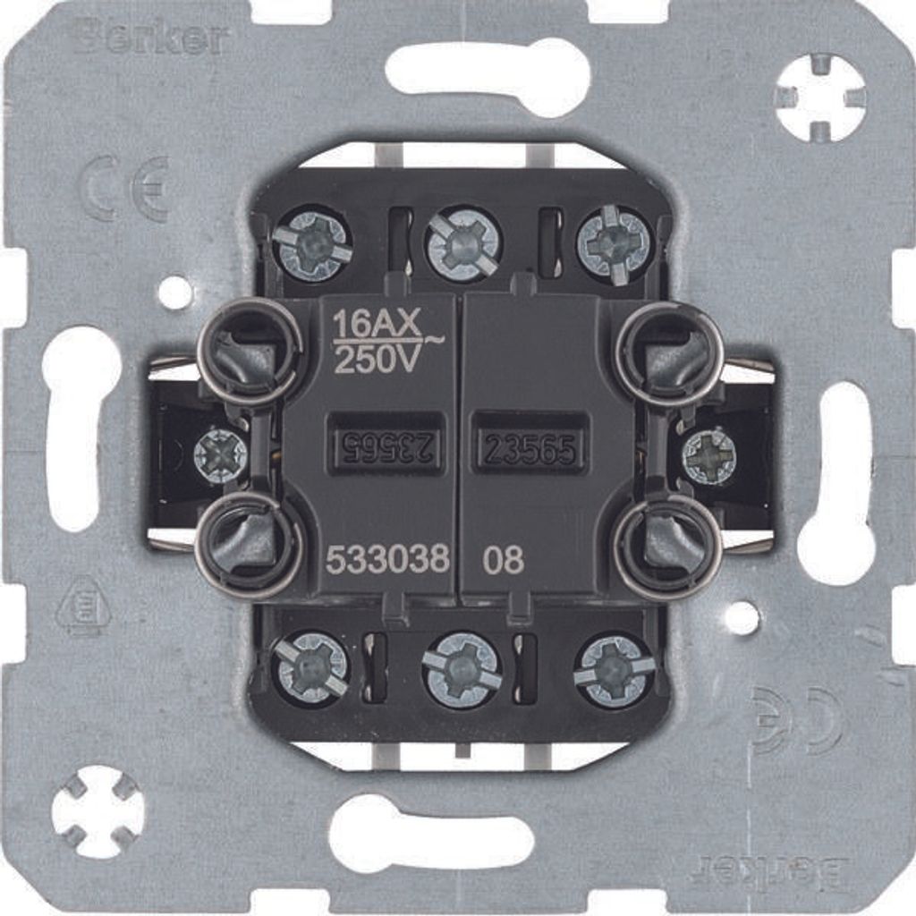 Close-up view of the back of a double-universal switch mechanism with screw terminals.