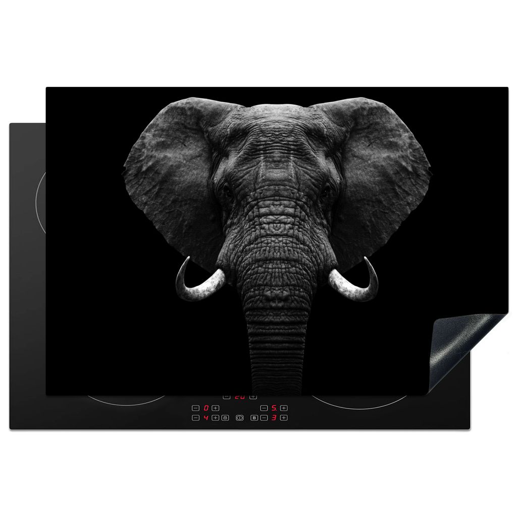 KitchenYeah Herdabdeckplatte Tiere - Elefant - Porträt - Schwarz - Weiß , 78x52cm, Küche Deko, Glaskeramikkochfeld Herdabdeckung, Abdeckplatte...