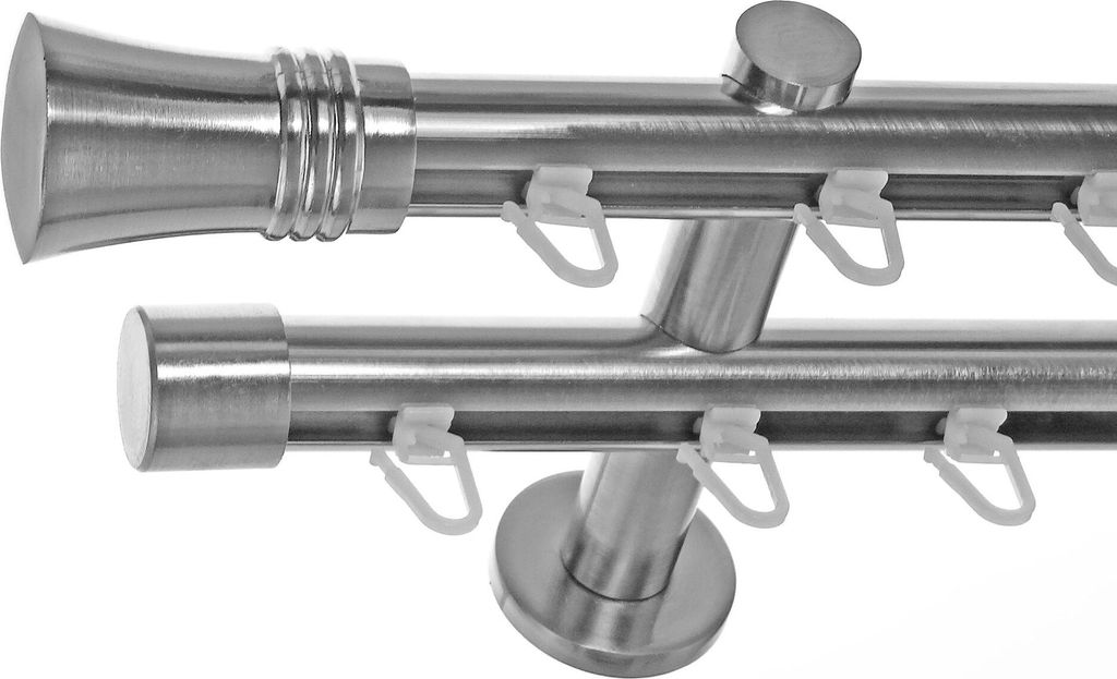 Innenlauf Gardinenstange Edelstahl Look 20mm Wandträger 2-läufig Zylinder Knauf, Länge wählbar H40 E86E30