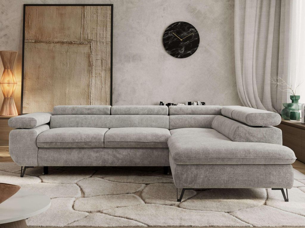 Couch mit Schlaffunktion L-form Ecksofa mit Topper Visco Wohnzimmersofa mit Einstellbare Kopfstützen - PABLO L - Schenille grob - Hellgrau - Rechts