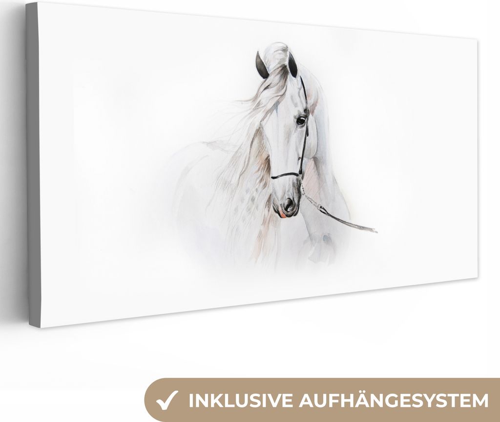 MuchoWow - Leinwandbilder - Pferd - Aquarell - Tiere - Weiß, Wandbild, Wanddeko Bilder Wohnzimmer, 40x20 cm