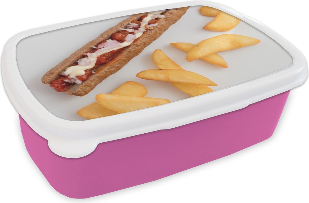 KitchenYeah Lunchbox Brotzeit Brotdose 17x11 cm Gesegnete Frikandelspezialität mit Pommes frites auf einem weißen Teller Kinder Brotzeitdose - ...