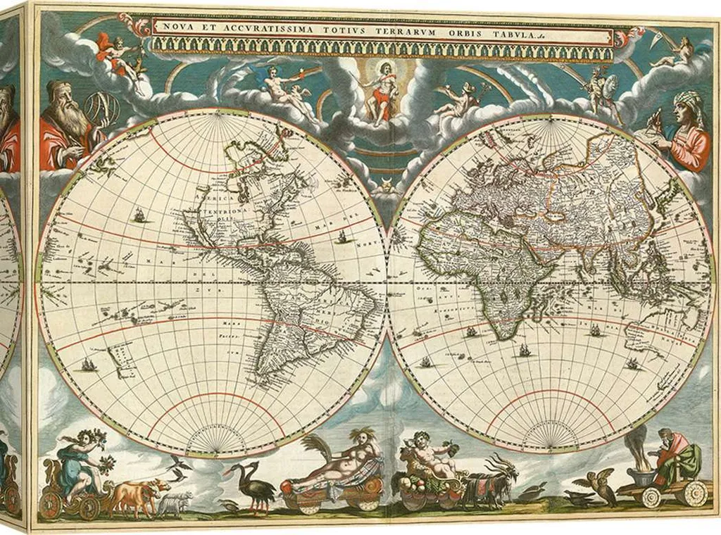 Carte du monde ancienne Jan Blaeu 1664 - Tableau sur toile 60x40 cm