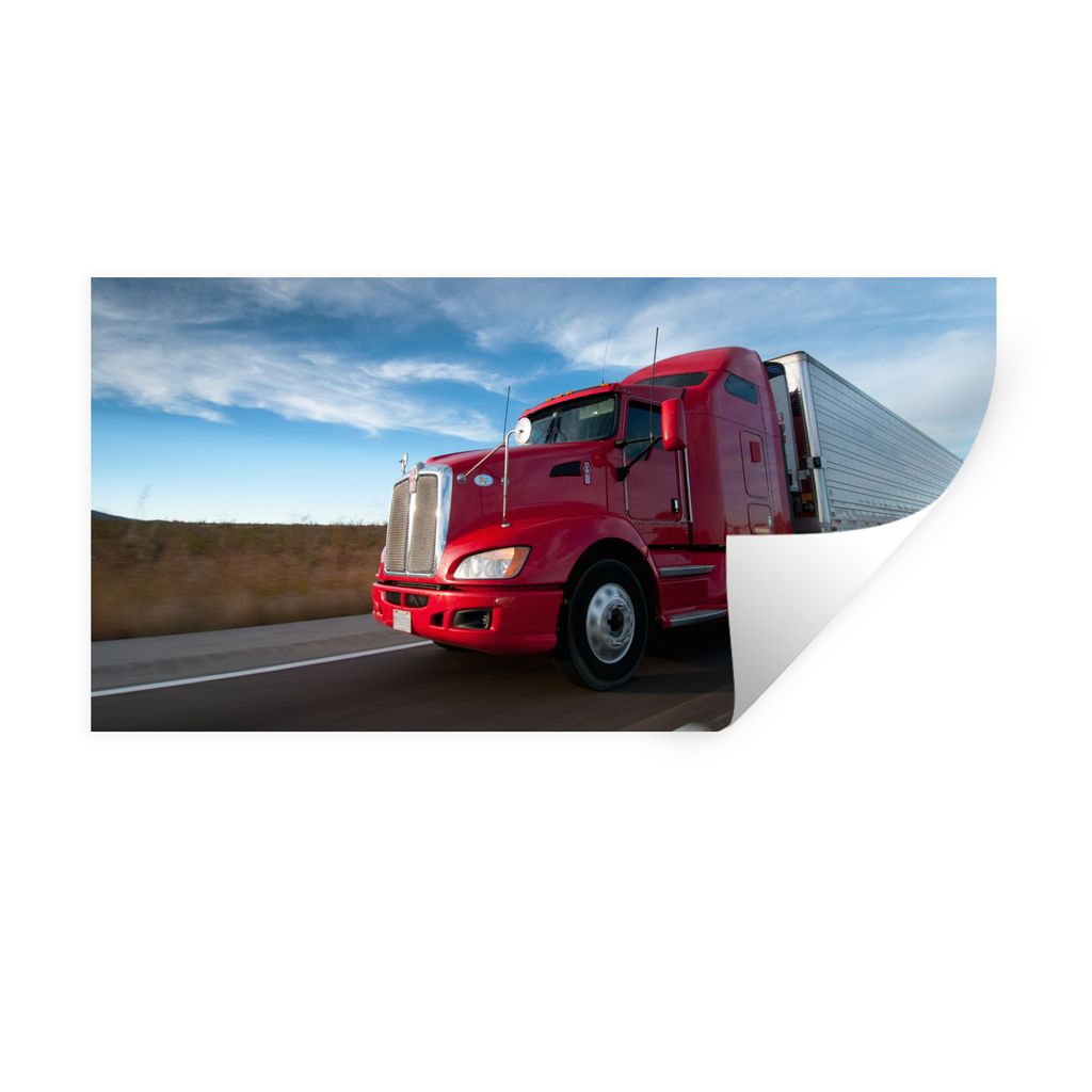 MuchoWow Wandtattoo Wandsticker Wandaufkleber Roter Lastwagen mit bedrohlichem Himmel 120x60 cm Selbstklebend und Repositionierbar - Sticker - De...