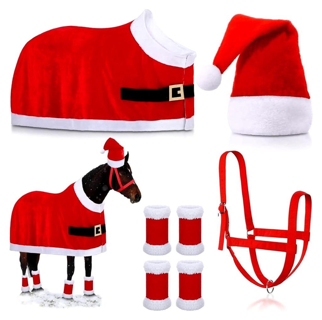 Kostüme für Pferde mit rotem Design, Weihnachtsmütze, Beinwickel, Sattel und Halfter für Winterveranstaltungen