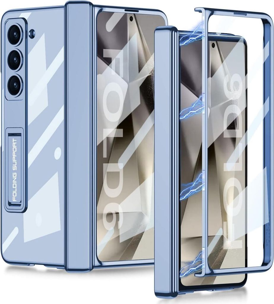 Hülle für Samsung Galaxy Z Fold 6 Magnetisch Scharnierschutz Transparent Überzug PC Kristall Stander Schutzhülle mit Displayschutz Hellblau