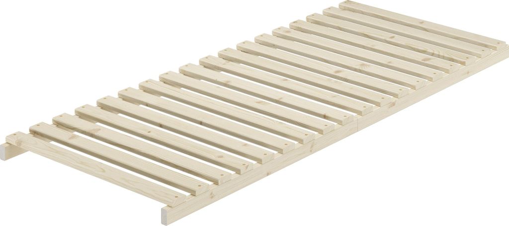 A wooden bed frame slatted base.