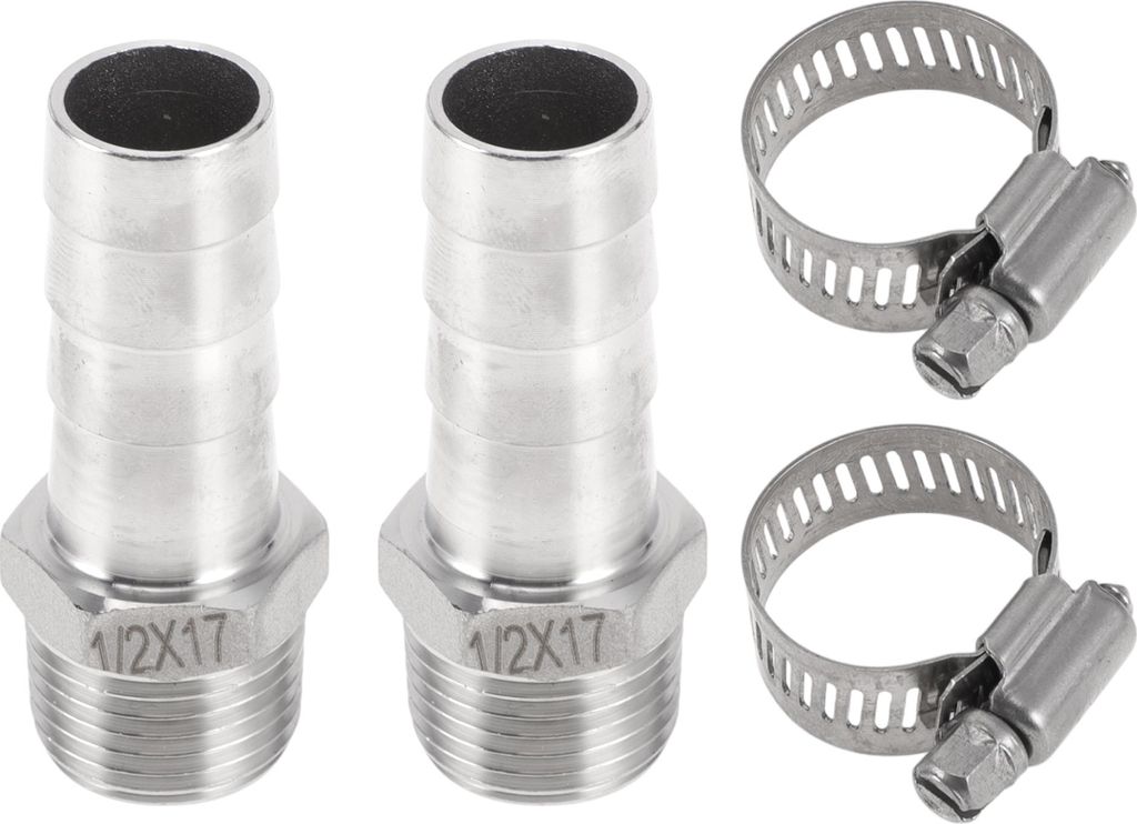 Schlauchstutzen mit 2 Schellen, Gewindeverschraubung für Luft, Wasser, Öl, Gas, Kraftstoff, Edelstahl 43/64" OD 1/2" BSPT 1 Set Silberton
