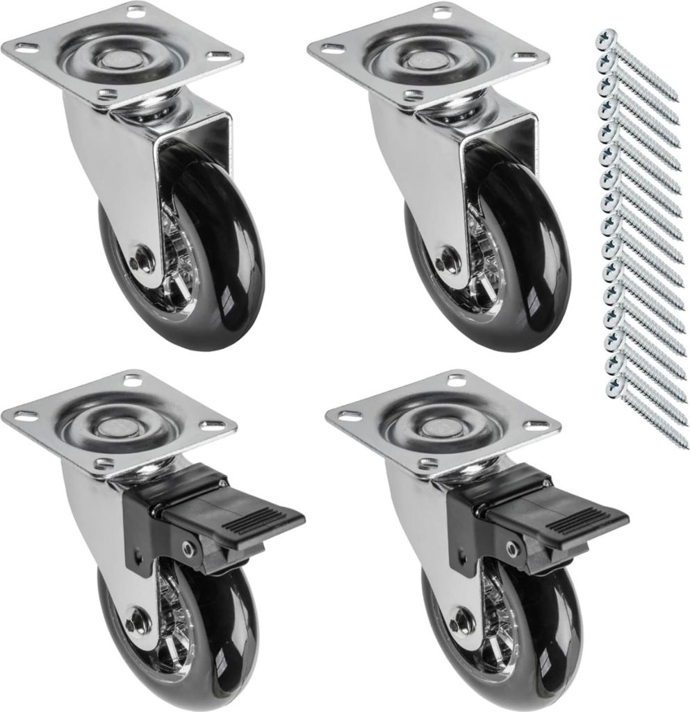 GTV - Möbelrollen BRAZIL, Lenkrollen, 4 Stück set Rollen für Möbel: 2x Rollen mit Bremse, 2x ohne Bremse, aus Stahl und Gummi, +16 PanHead-Schr...