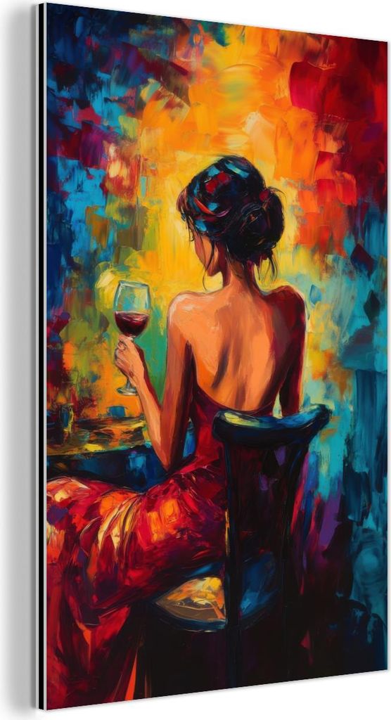 MuchoWow Wanddekoration Metall Metallbild Wandkunst 60x90 cm Wein - Frau - Stimmungsvoll - Farbenfroh MuchoWow Aluminium Gemälde - Wandbilder - Al...