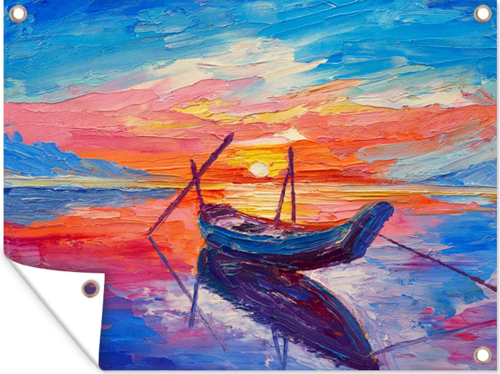 MuchoWow 120x90 cm Outdoor-Poster Gartendeko Sichtschutz Garten Poster für den Garten Malerei - Boot - Ölfarbe - Wasser