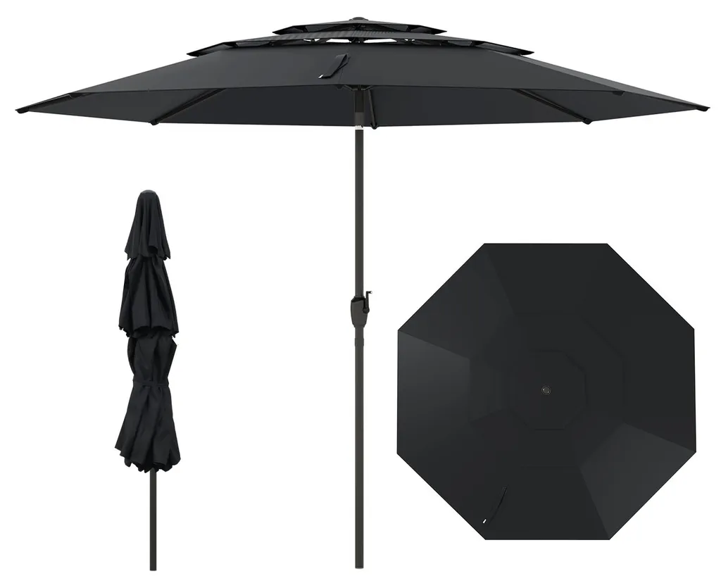 Parasol de Terrasse Résistant au Vent Noir 3m avec Manivelle Pratique