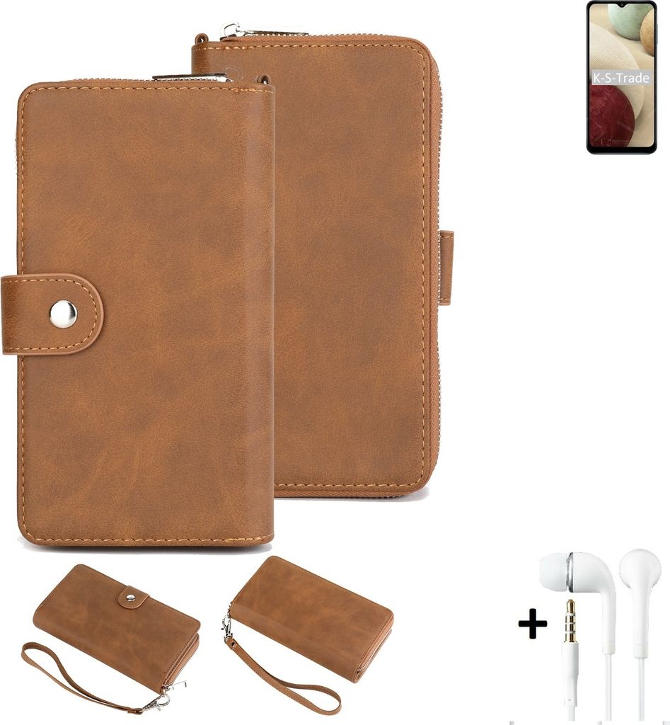 K-S-Trade Handy Schutz Hülle kompatibel mit Samsung Galaxy A12 Nacho + Kopfhörer Portemonnee Tasche Wallet-Case Bookstyle-Etui braun (1x)