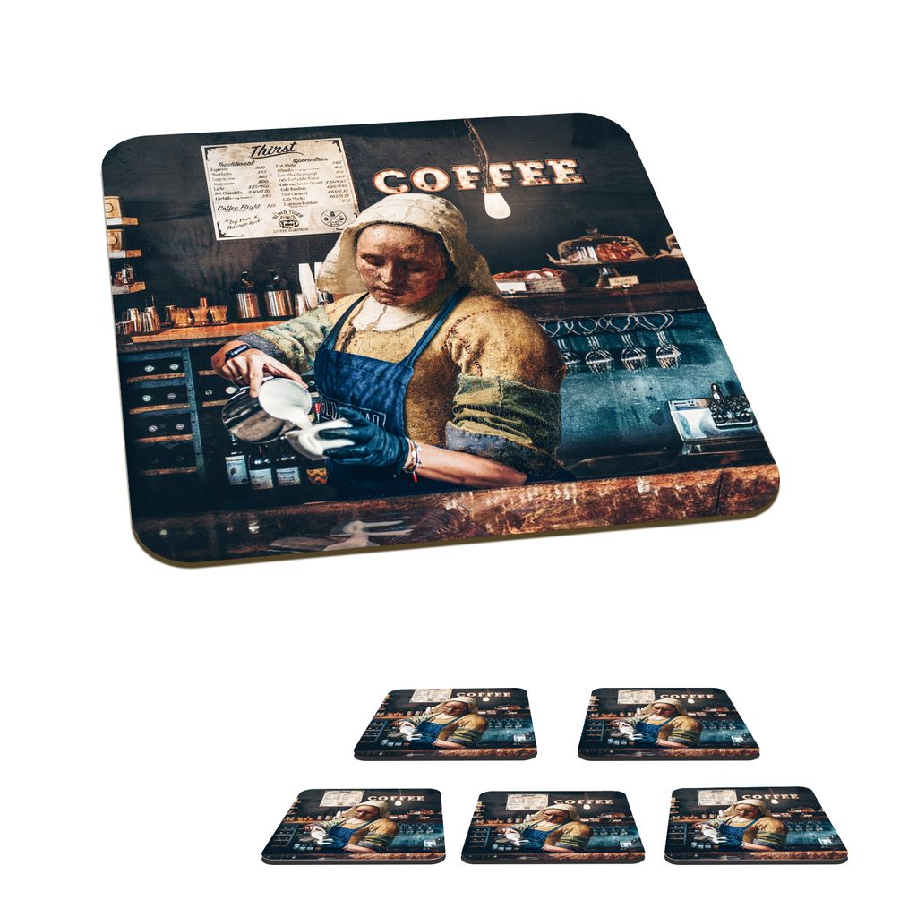 KitchenYeah Glasuntersetzer Quadratisch 6er Set Milchmädchen - Barista - Cappuccino - Vermeer - Kaffee - Kunst _ Malerei 10x10 cm Untersetzer f...