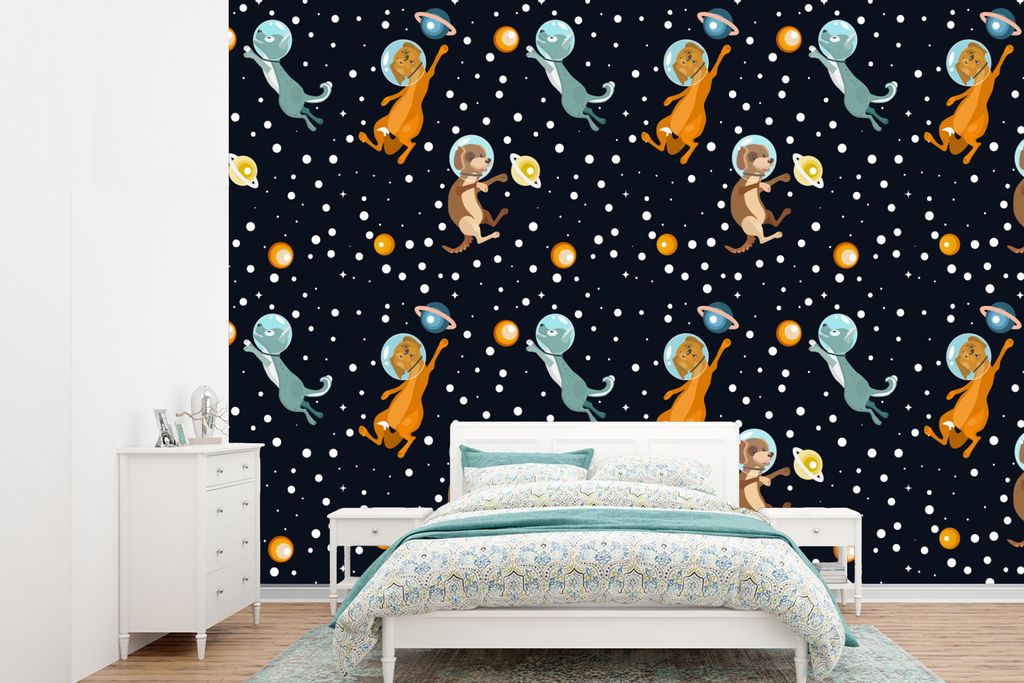 MuchoWow Fototapete für Wohnzimmer oder Schlafzimmer Wandtapete Vinyl Motivtapete Planeten - Hund - Muster - 385x280 cm - Wallpaper