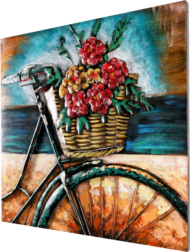 Tableau en métal fait main fleurs de vélo de plage relief 3D 80cm