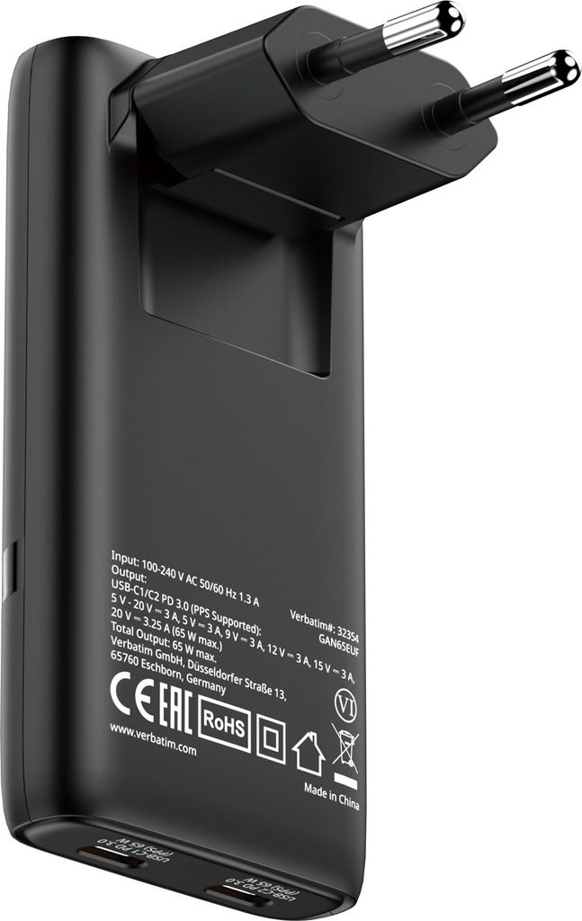 Verbatim Fold 'n' Go GaN-Netzteil 65W 2x USB-C Produktbild 