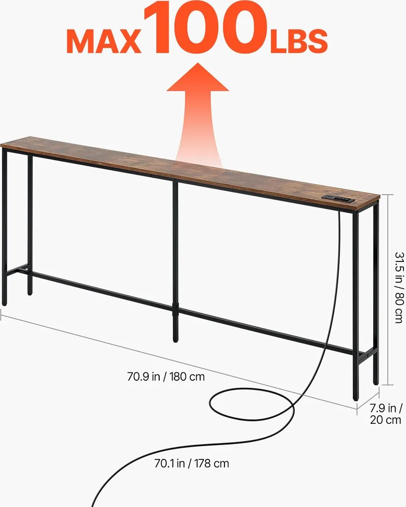 Console d'entrée fine 180cm avec multiprise intégrée style industriel - 3