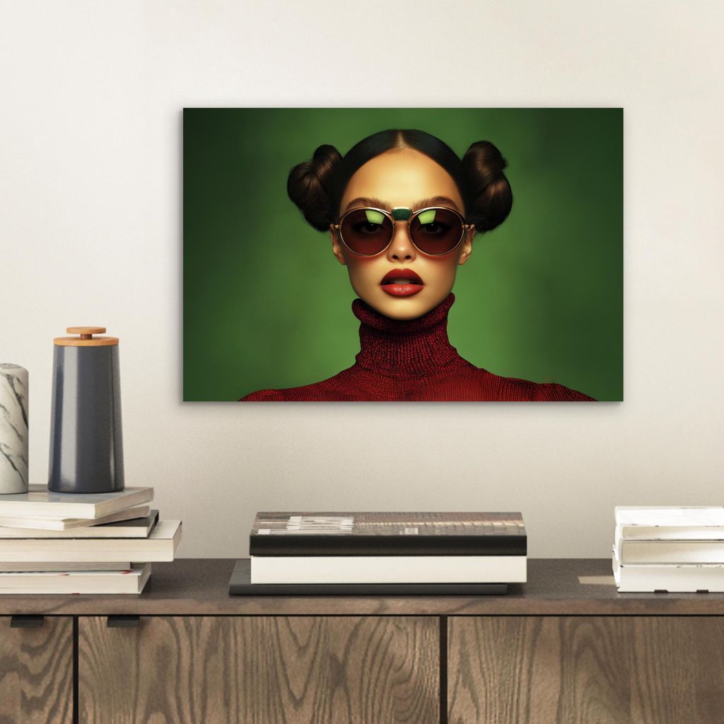 MuchoWow Wanddekoration Metall Metallbild Wandkunst 30x20 cm Frau - Grün - Brille - Ästhetisch - Modern MuchoWow Aluminium Gemälde - Aluminiumge...