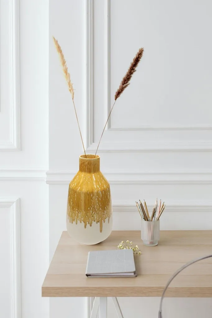 Vase amphore céramique jaune ocre 28 cm stable et imperméable