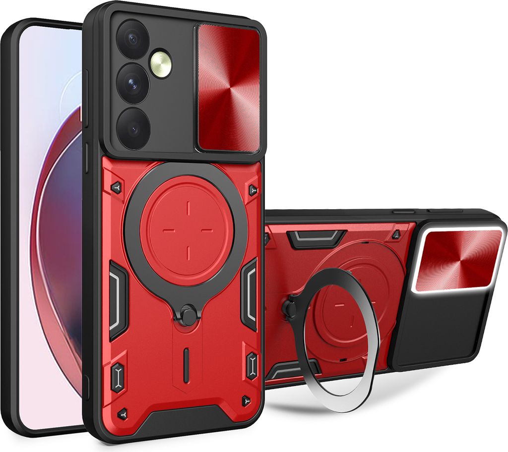 Handyhülle für Samsung Galaxy A35 5G Dual-Layer Stoßfest Rüstung Hülle mit Dia Kameraschutz und Kreisförmig Ring Ständer Rot