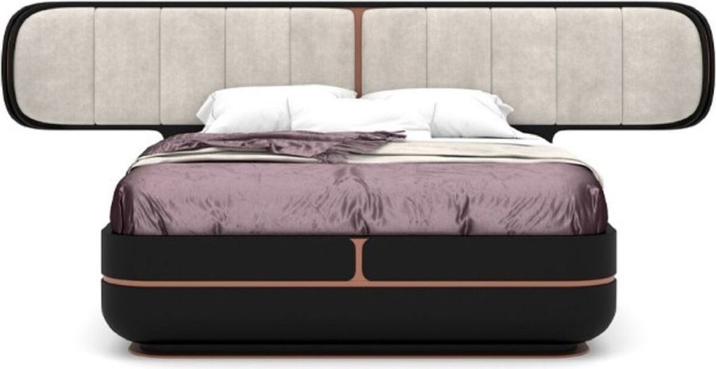 Casa Padrino Luxus Doppelbett Grau / Schwarz / Kupfer 330 x 215 x H. 120 cm - Massivholz Bett mit gepolstertem Kopfteil - Schlafzimmer Möbel - Hot...