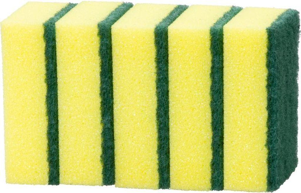 A stack of yellow and green sponges.