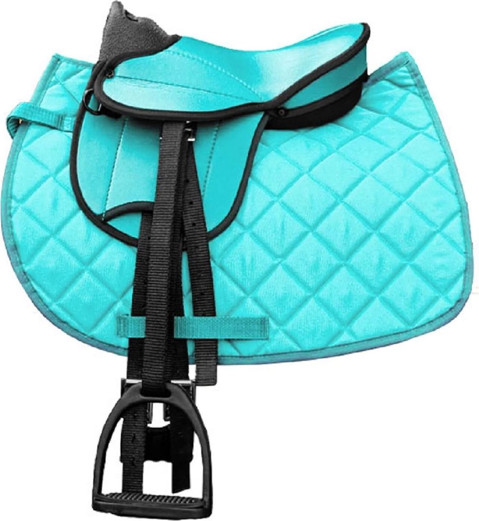 A turquoise and black saddle with a quilted saddle pad and stirrups, isolated on a white background.