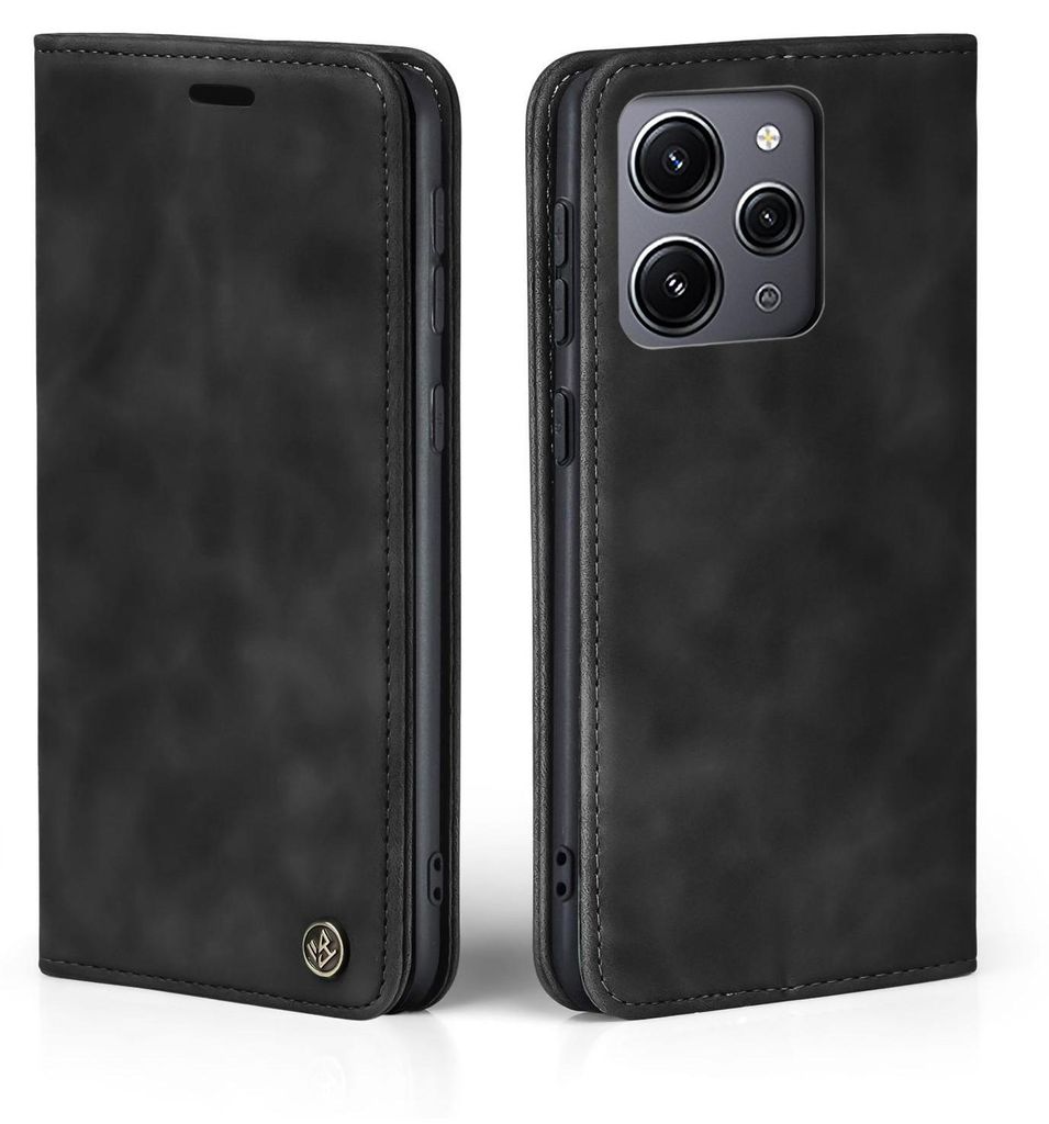 A black flip case for a smartphone is shown from two angles, front and side.