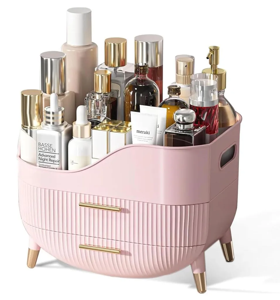 Organisateur cosmétiques rose pour stopper le désordre sur la coiffeuse