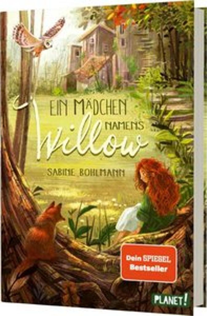A book cover illustration depicting a girl named Willow in a forest setting with animals.