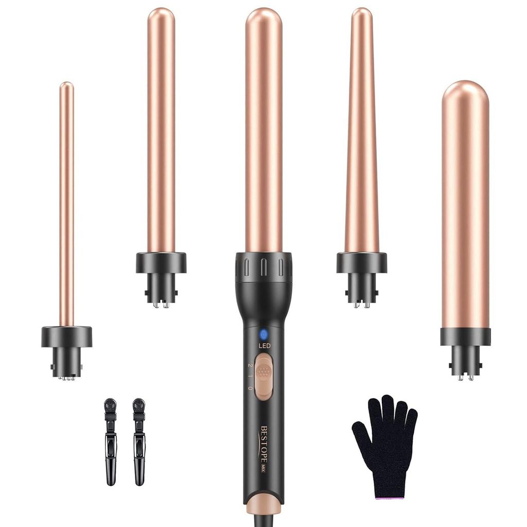 5 in 1 Keramik Lockenstab Set,mit Verschiedenen Aufsätzen für Große und Kleine,9-32mm Schnellaufheizung 2Einstellbare Temperatur für Lange kurz...