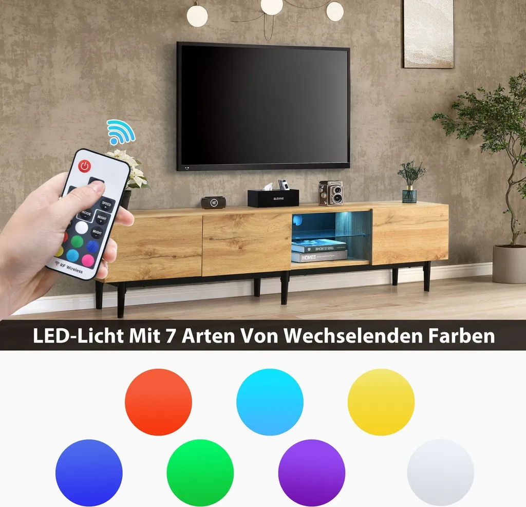 Banc TV moderne en bois de chêne avec éclairage LED modulable - 175 cm
