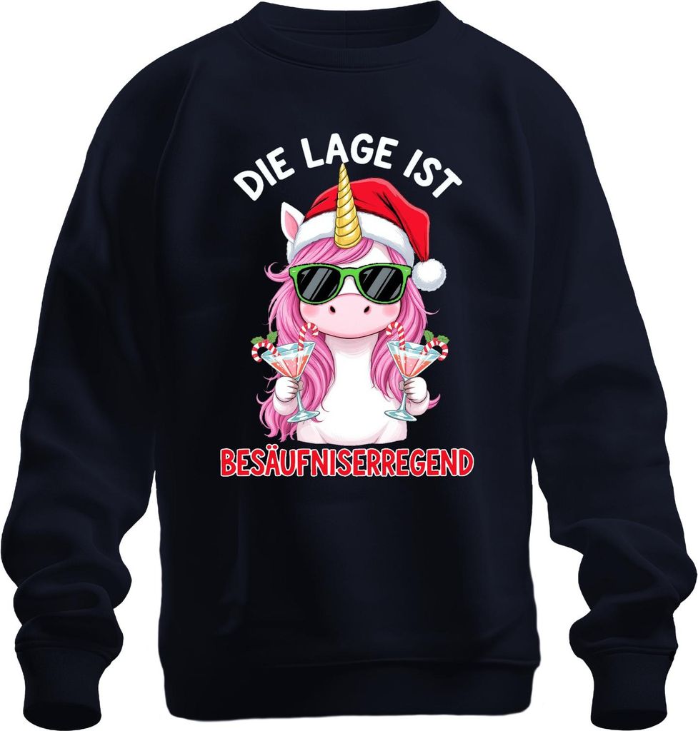 Die Lage ist Besäufniserregend Weihnachten Einhorn Saufen Uni Sweatshirt Pullover, Navy, M